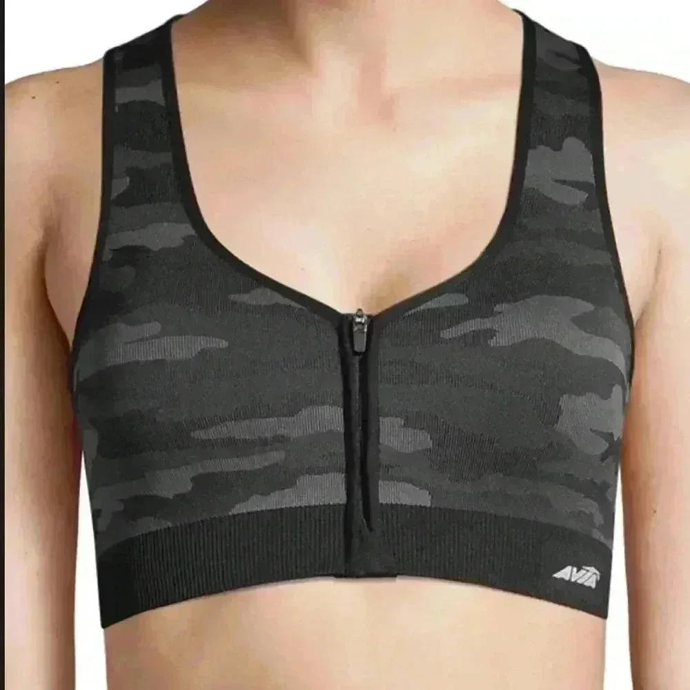 Avia Black & Gray Camouflage Support Zip Sports Bra Size M